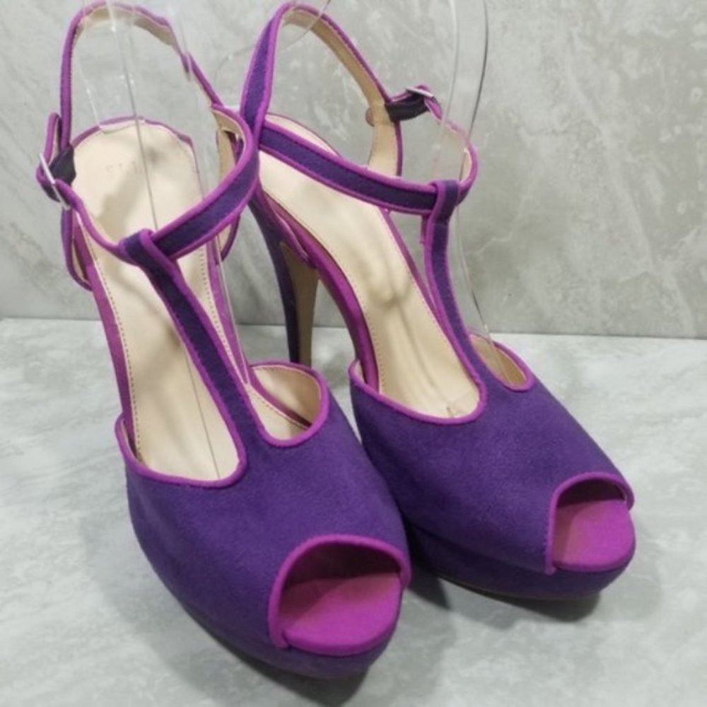 Elle Purple Faux Suede T Strap Heels Size 10